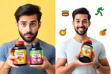 Confused person with diet supplements, healthy lifestyle icons