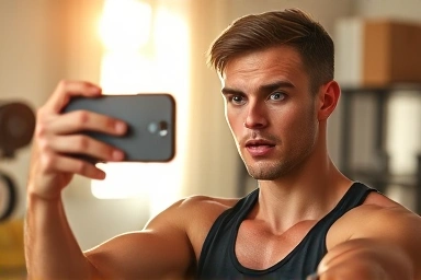 Person filming workout with smartphone for diet vlog