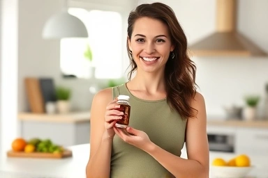 Woman with fingeroot pills, healthy lifestyle, weight management