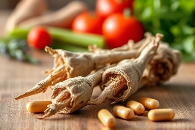 Dried fingeroot roots and pills, natural ingredients, healthy supplements