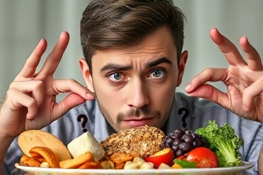 Person confused by food, hidden allergies affecting diet.