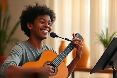 Person playing music, happy, balanced lifestyle focus.