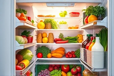 Organized refrigerator filled with fresh, colorful ingredients.