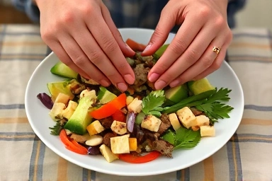 Hands creatively arranging leftover ingredients into a healthy meal.