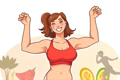 Happy person achieving fitness goals with healthy lifestyle elements.