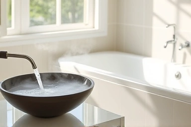 Relaxing bathroom with steaming water for baths.