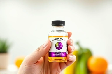 Health supplement bottle with GMP certification seal.