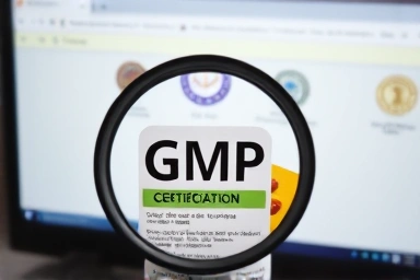 Magnifying glass inspecting GMP certification mark on product.