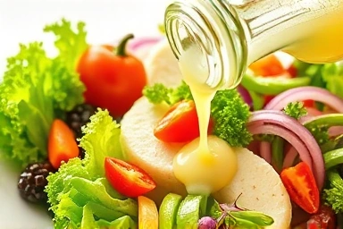 Fresh salad with healthy dressing, emphasizing health and vitality.