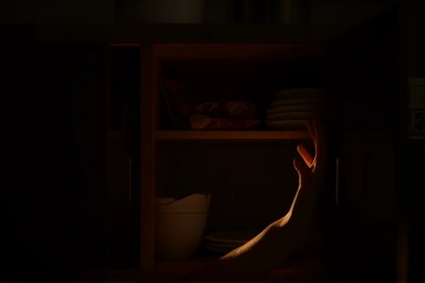 Hand searching for hidden snacks in dark cabinet