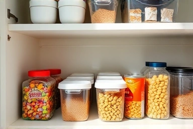 Organized pantry shelf with hidden snacks