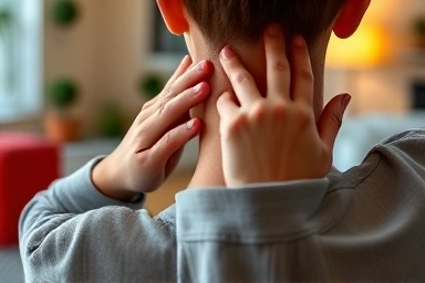 Close-up of gentle neck stretch while seated