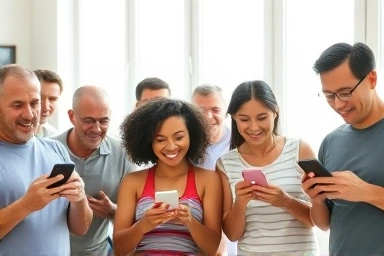 People using fitness apps for home workouts, diverse users, motivational fitness.