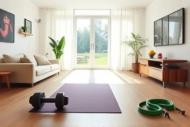 Home gym setup with yoga mat, dumbbells, and resistance bands.
