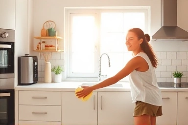 Kitchen scene, person cleaning, energetic activity, healthy lifestyle