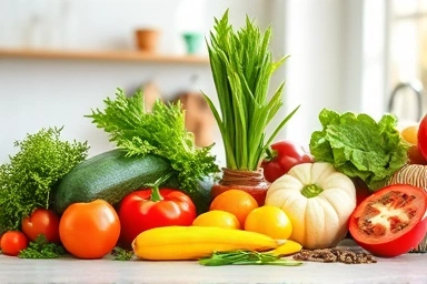 Fresh, colorful vegetables and herbs on a kitchen counter.