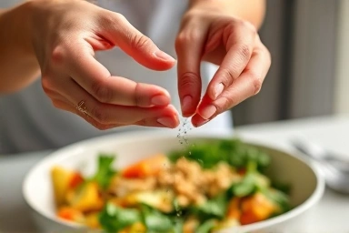 Hands seasoning healthy food with natural herbs.