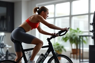 Person cycling on indoor bike, losing body fat
