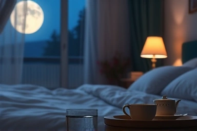 Peaceful bedroom with water and herbal tea before sleep.