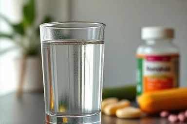 Calming supplement bottle and balanced lifestyle elements