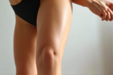 Close-up of toned leg muscles during stretching.
