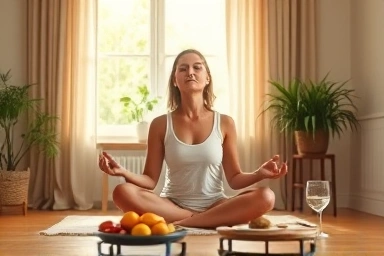 Woman meditating near healthy food and water, symbolizing weight loss without exercise.