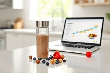 Low-sugar protein shake ingredients and a healthy lifestyle setup.
