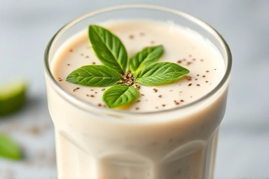 Refreshing low-sugar protein shake with healthy toppings.