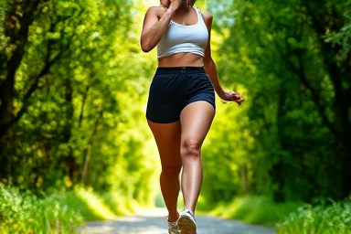 Woman with toned lower body walking in nature, symbolizing health and fitness.
