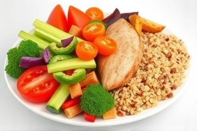 Balanced plate of healthy food with vegetables, protein, and grains.