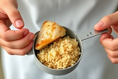 Mindful eating, measuring healthy food portions for balance.