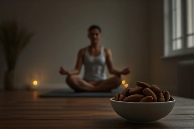 Calm person meditating with magnesium-rich foods nearby.