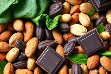 Abundant display of magnesium-rich foods like spinach, almonds, and dark chocolate.