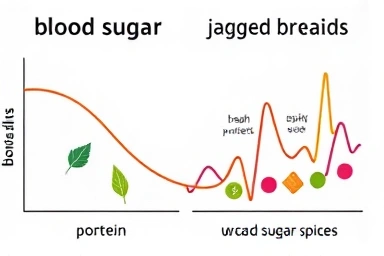 Visual contrast of smooth vs. spiked blood sugar curves.