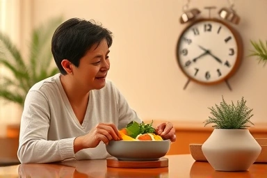 Person practicing mindful eating with ideal meal timing for health.