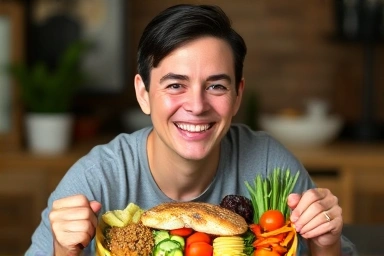 Person enjoying a healthy, satisfying Mediterranean diet plate.
