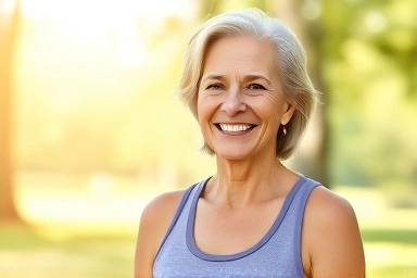Healthy middle-aged woman, vibrant and smiling, symbolizing well-being.