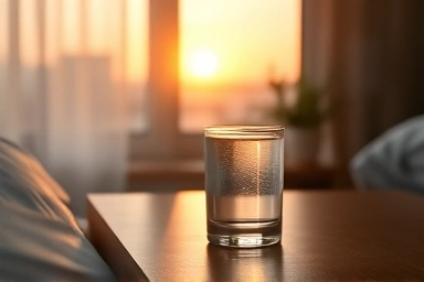 Morning sunrise, glass of water, bedside table, healthy habit