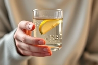 Person holding warm water, lemon slice, well-being, self-care