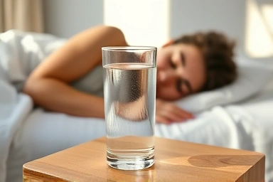Glass of lukewarm water on bedside table, morning sun.