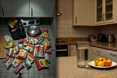 Contrast between unhealthy and healthy late-night eating habits.