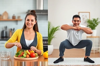 Balanced diet and home exercise routine for effective weight loss.