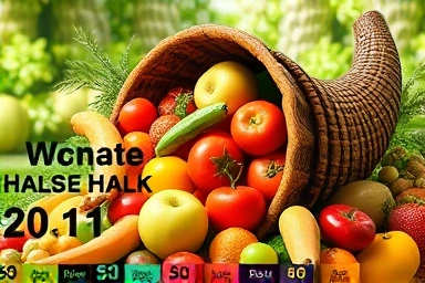 Abundant colorful fruits and vegetables in a cornucopia.