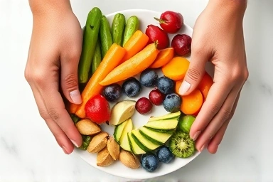 Hands arranging colorful fruits and vegetables into a rainbow pattern.