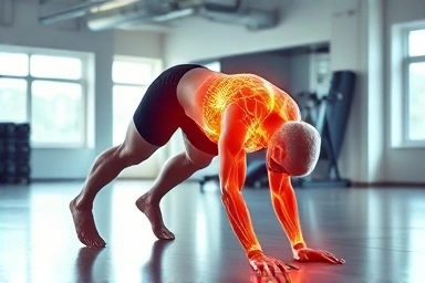 Plank form activating core muscles with internal energy.