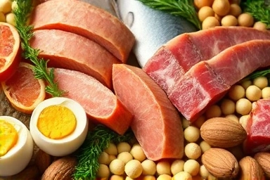 Artistic arrangement of high-protein foods like chicken breast, fish, eggs, and legumes, symbolizing a balanced diet.