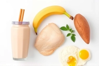 Healthy post-workout meal options: protein shake, banana, chicken, sweet potato.