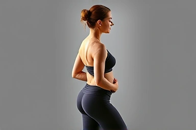 Woman correcting posture, reducing belly fat with exercise.