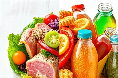 Healthy diet meal versus unhealthy processed food