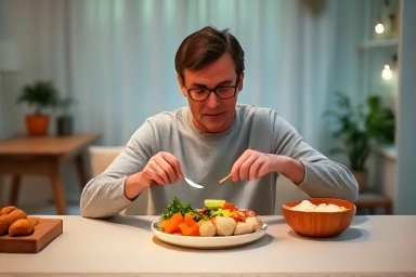 Person eating a healthy meal with a sense of calm and well-being.